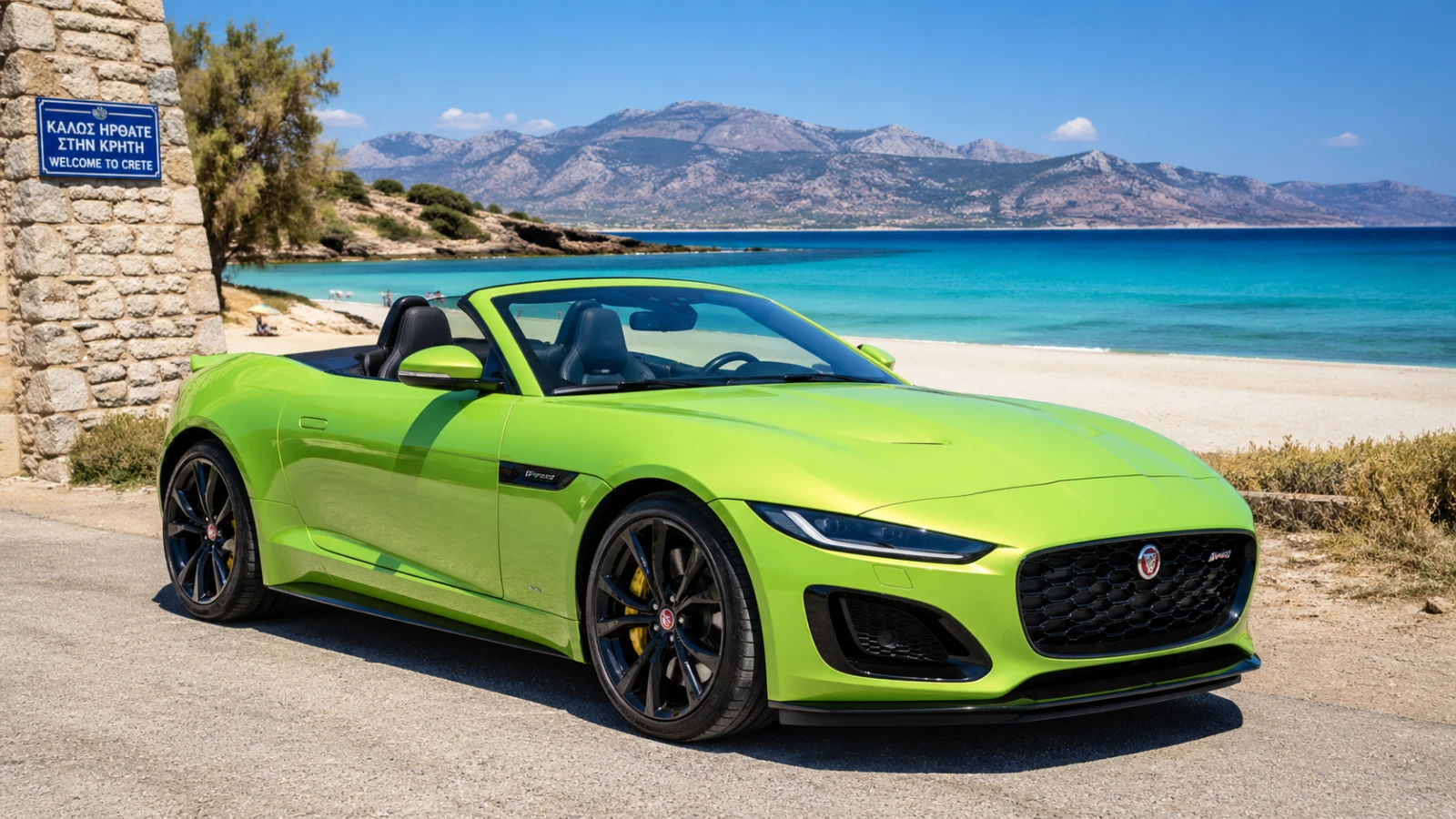 convertible car rental Crete Jaguar open top driving
